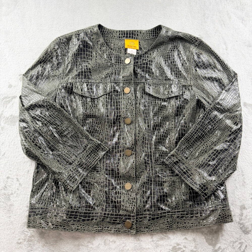 Ruby Rd Women's 10 Faux Crocodile Leather Jacket Green Black Snap Front Print